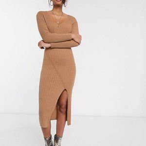 ASOS DESIGN knit rib midi dress with wrap detail